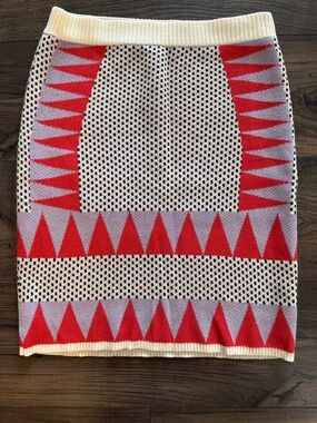 English Factory Colorblock Geometric Pencil Skirt in Red, Lavender & Cream